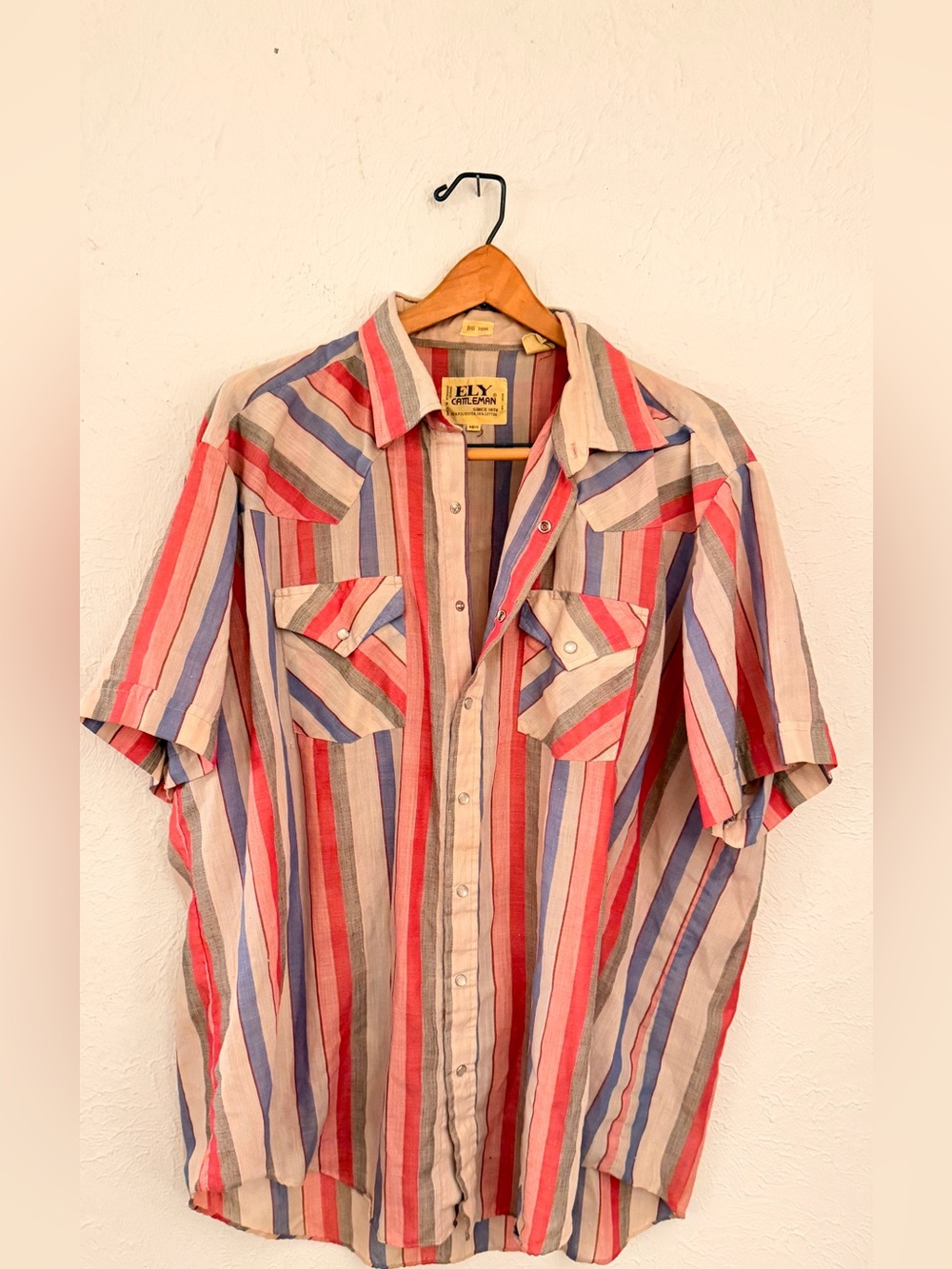 Ely Cattleman Multicolor Vertical Stripe Camp Shirt - Red, Blue & Cream
